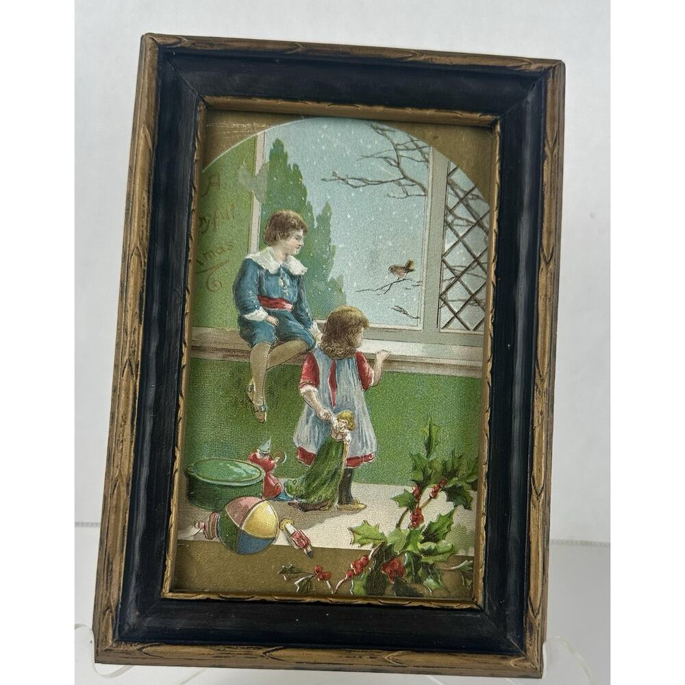 Vintage Victorian Christmas Lithograph Print Framed Kids Winter Scene